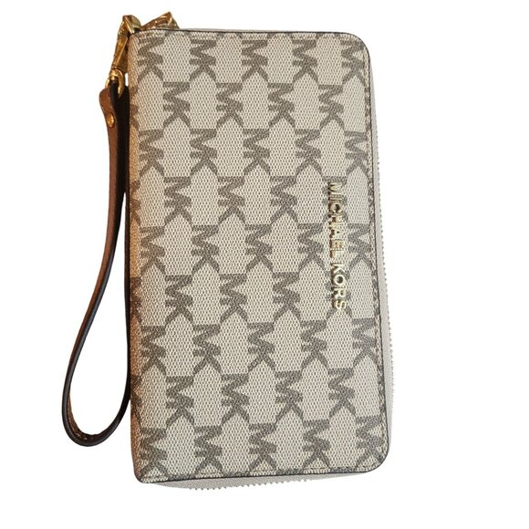 Michael Kors Logo Zip-Around Wristlet Wallet Beige/Brown Leather & Canvas - Picture 1 of 12